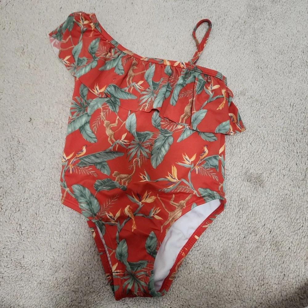 Janie and Jack Girls Swimsuit Size 5 One Shoulder Ruffle Monkey Floral Red‎